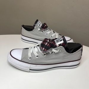 Converse All Stars Gray Double Tongue Purple Plaid Shoes 555301F Women’s Size 5